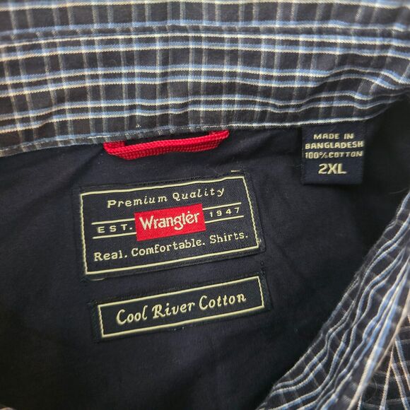 Wrangler Button Down Shirt Men's 2XL Blue Plaid Cool River Cotton Short Sleeve - Picture 3 of 14